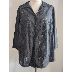 Womens Allison Daley Cotton Blend Embroidered Eyelet Button Up Blouse Black 16W